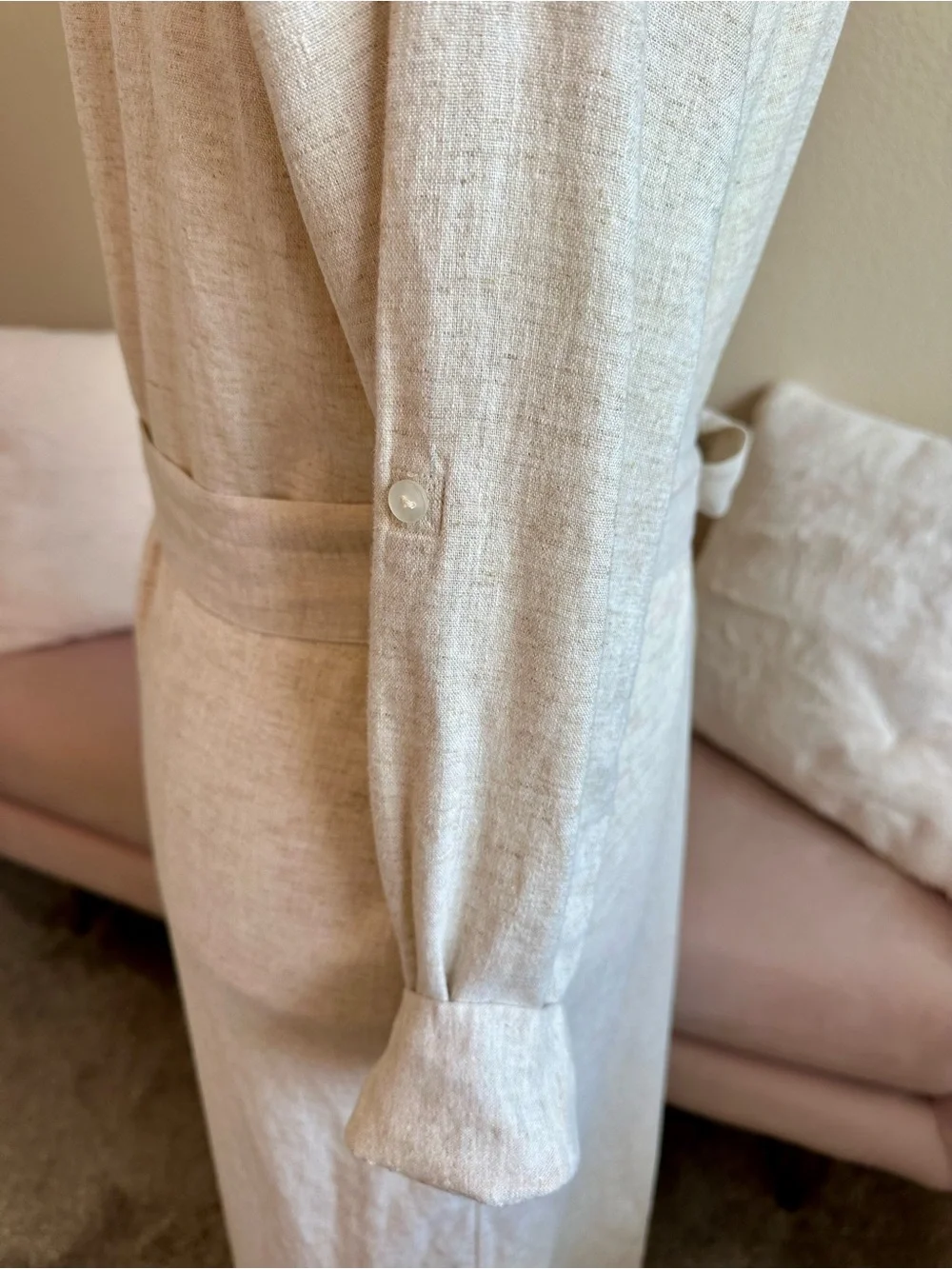 Abercrombie Fitch Shirt Dress Long Linen Viscose LS Belted Natural Cream Sz M T
